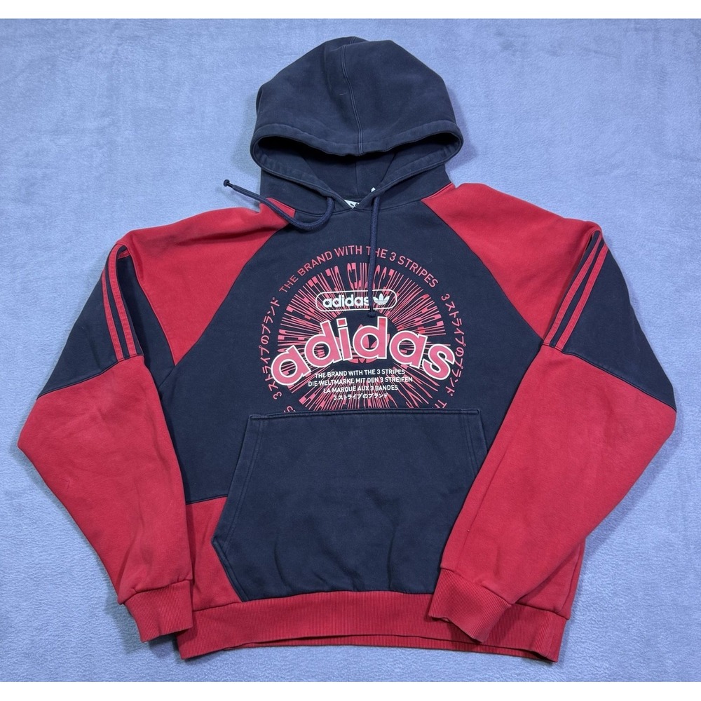 Adidas Originals Hoodie Mens L Red Black Trefoil 3 Stripes Graphic Pullover USA